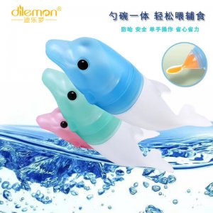 寶寶米糊勺海豚可愛造型喂食勺硅膠加厚材質軟體擠壓喂食勺OEM/ODM代加工
