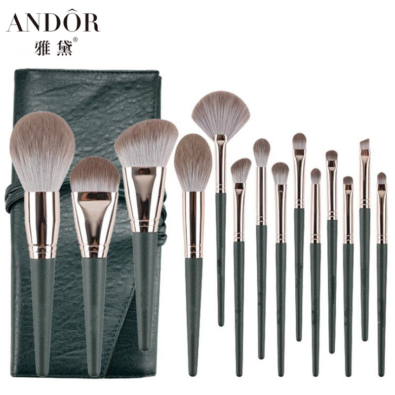 14支綠云化妝刷套裝大尺寸木柄腮紅刷OEM代工廠