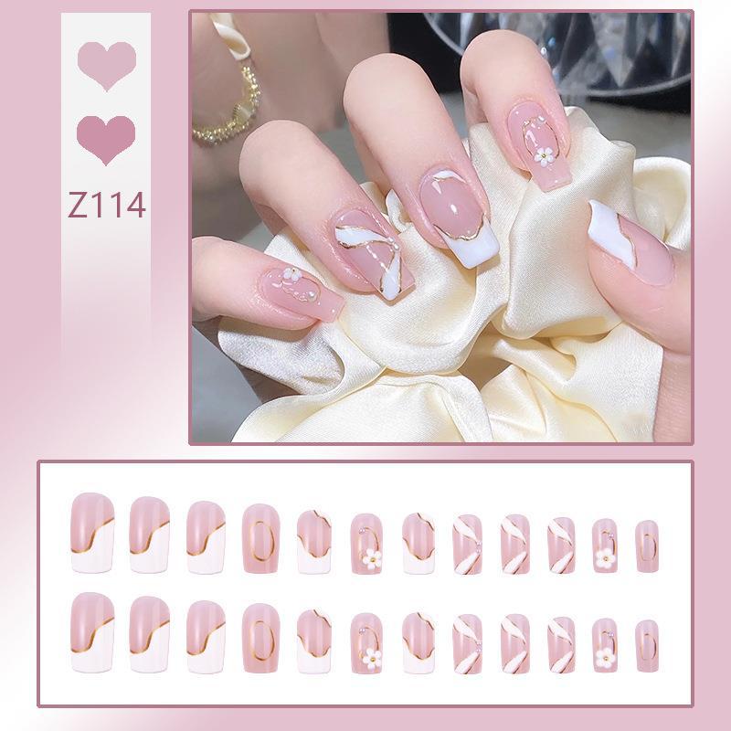 初秋穿戴甲溫柔裸色飄帶美甲描金鉆款小花甜酷假指甲成品美甲批發OEM代加工